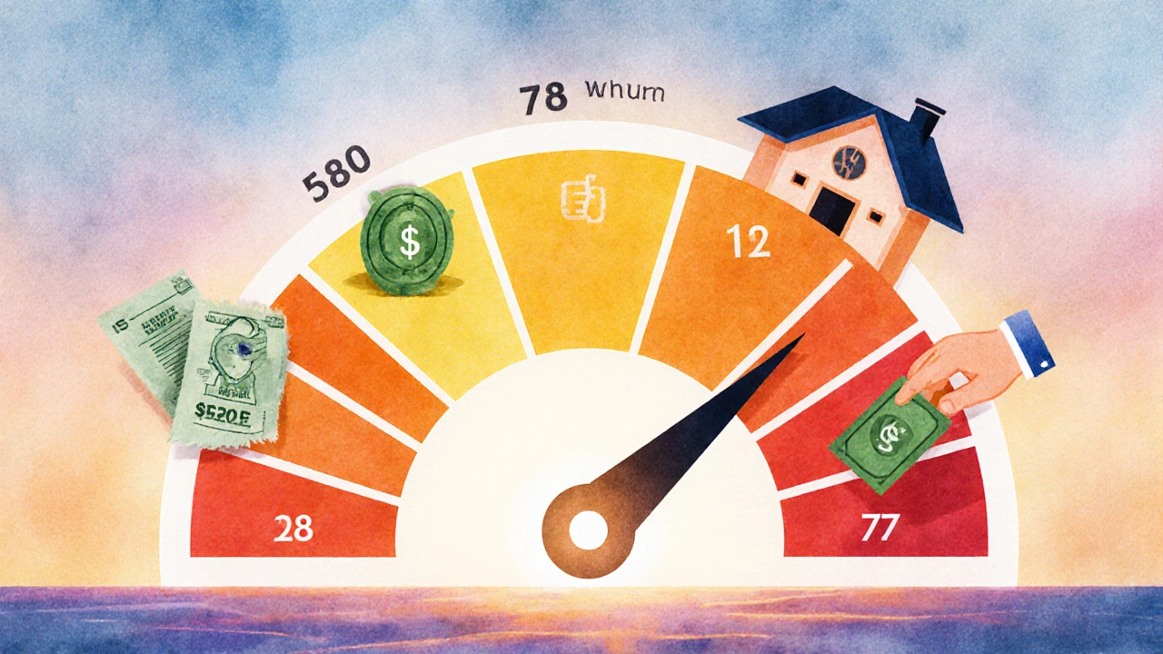 A glowing credit score rising from 580 to 770 over 12 months with symbolic financial milestones.