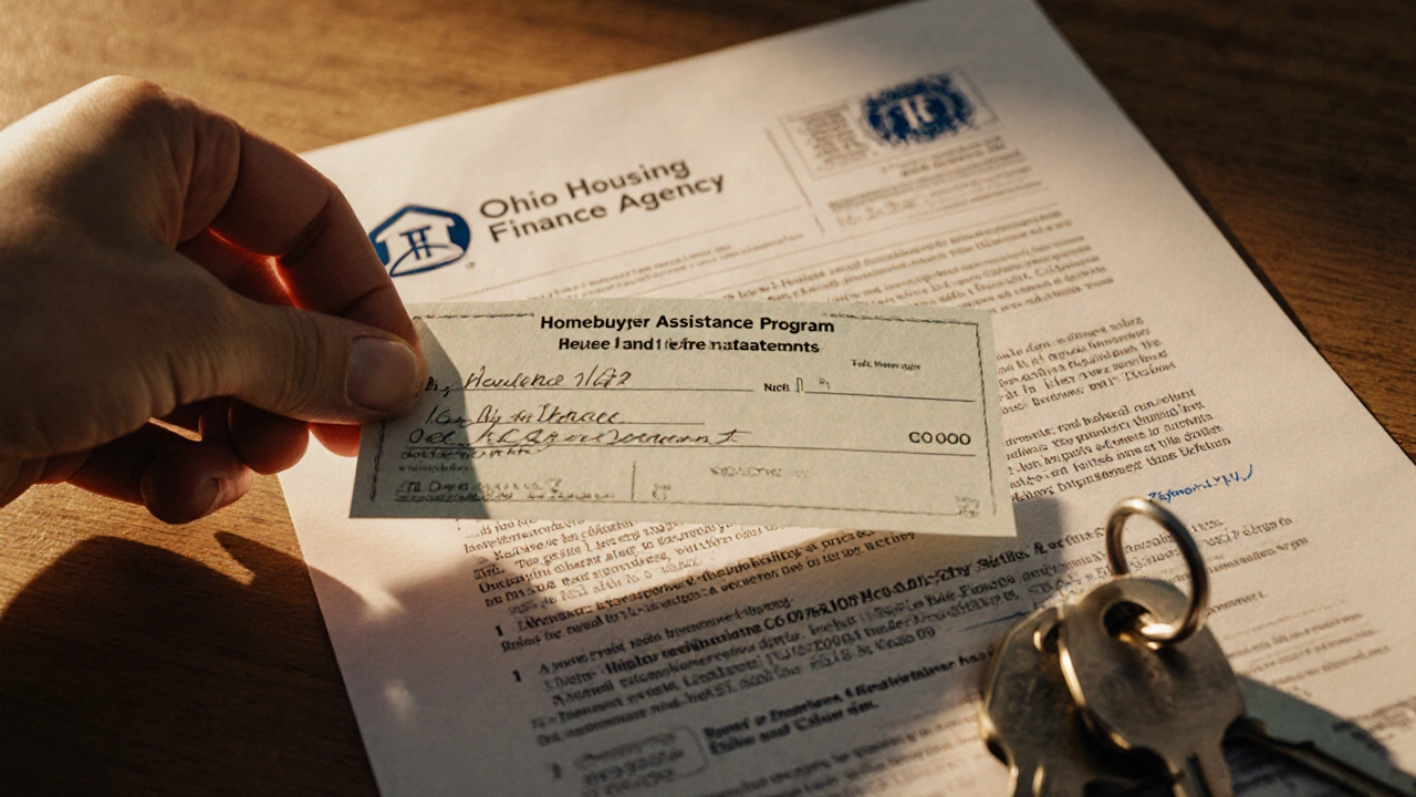 A grant check and house keys on a wooden table with mortgage documents in the background.