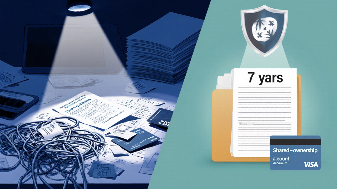 Contrast of messy desk with penalties and organized ledger with shield for proper records.