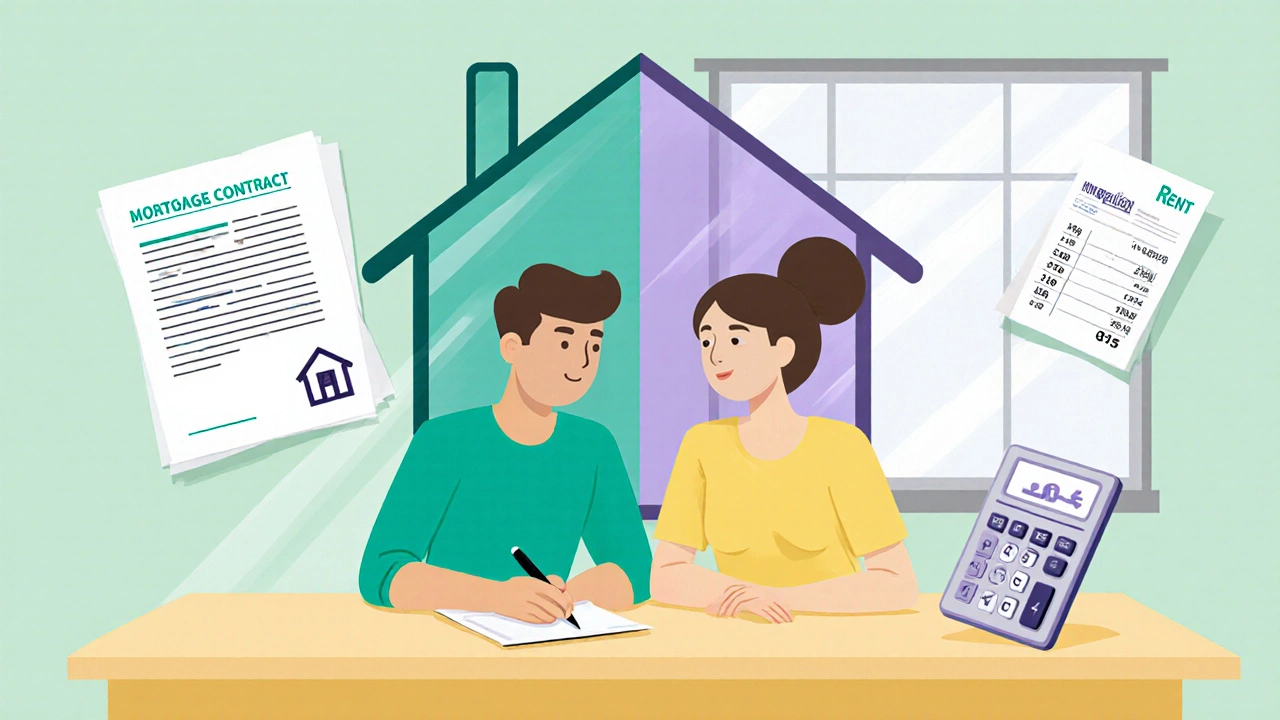 Couple at a table with mortgage paper, rent invoice, and calculator beside a divided house outline.