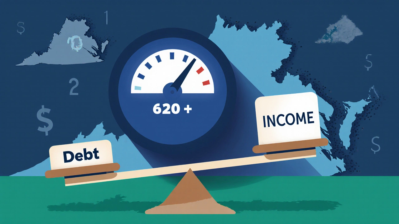 Credit score gauge and debt‑to‑income scale beside a house silhouette.