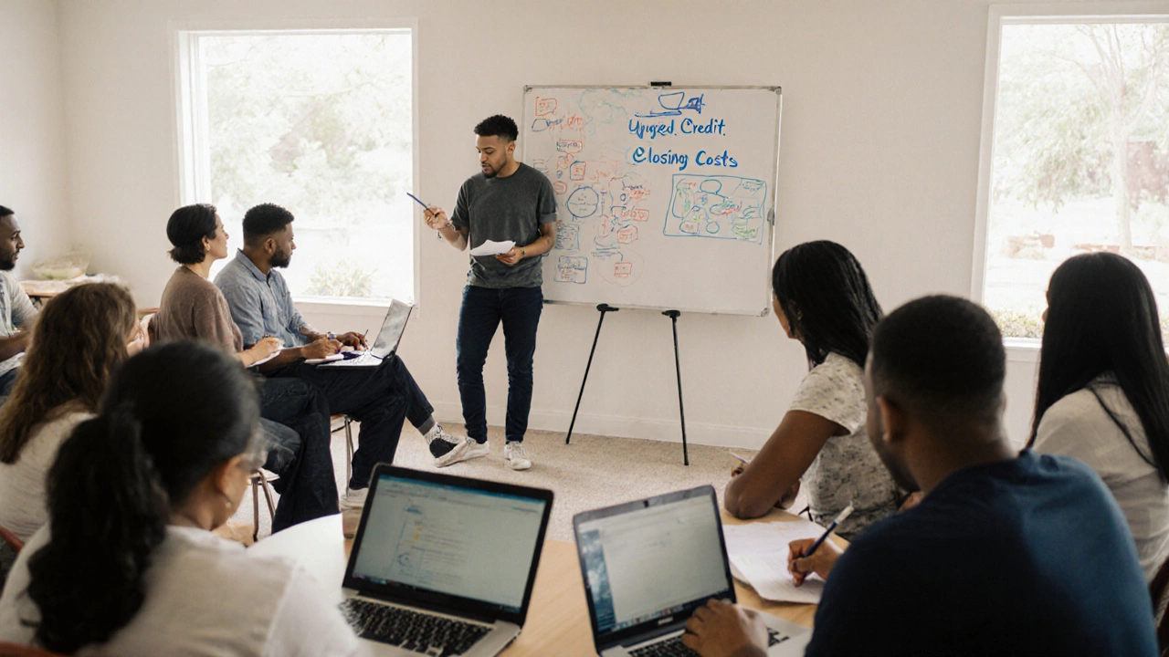 Diverse individuals attending a homebuyer education class with a whiteboard showing budgeting tips.