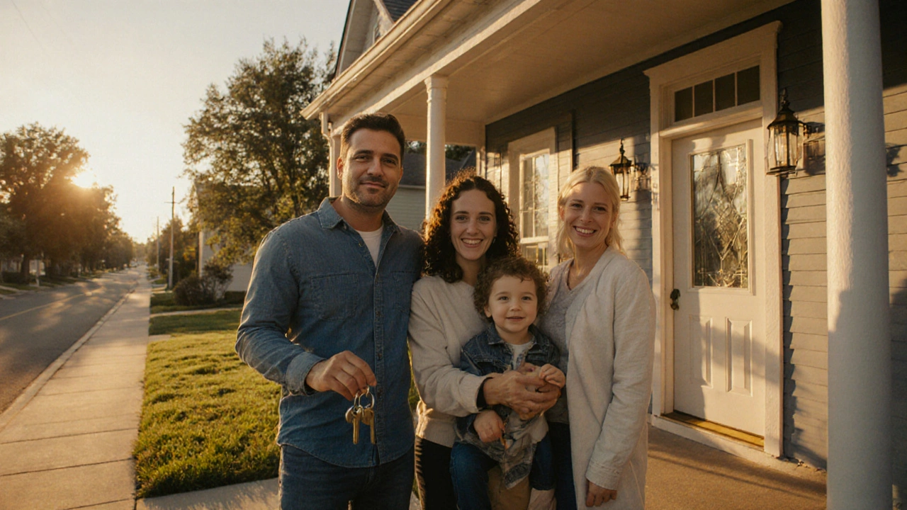 Family celebrating in front of a new suburban home at sunset.