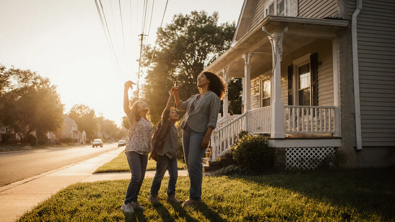 Family holding keys in front of their new house at sunrise, celebrating homeownership.