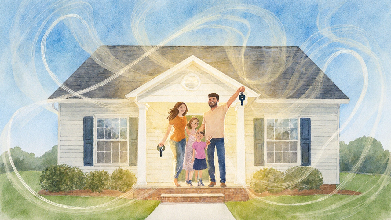 Family on a new home porch with golden glow representing tax savings.