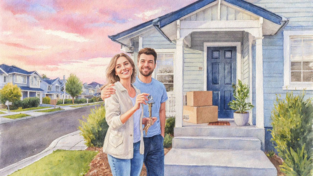 First‑time homeowner holding keys on the porch of a new house with sunrise sky behind.
