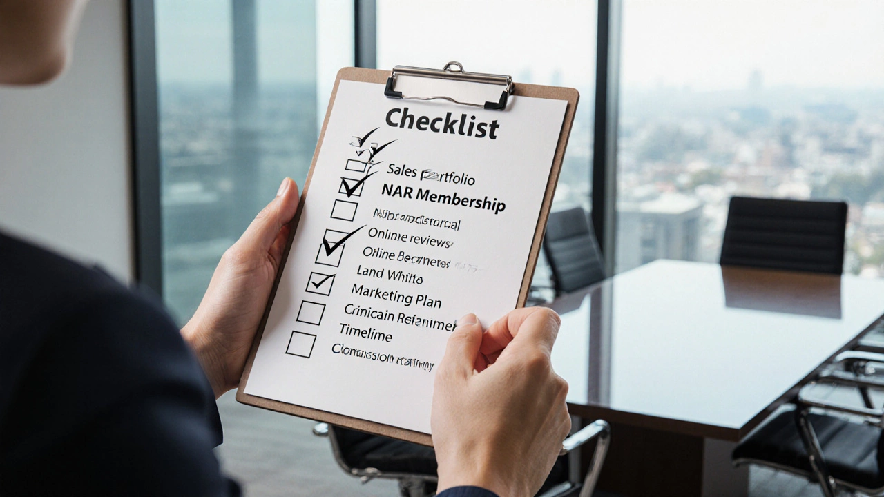 Hand holding a checklist clipboard in a modern office with a city view.