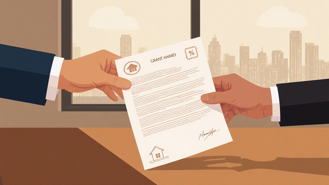 Hand passing a grant award letter with house and percent icons on a lender&#039;s desk.