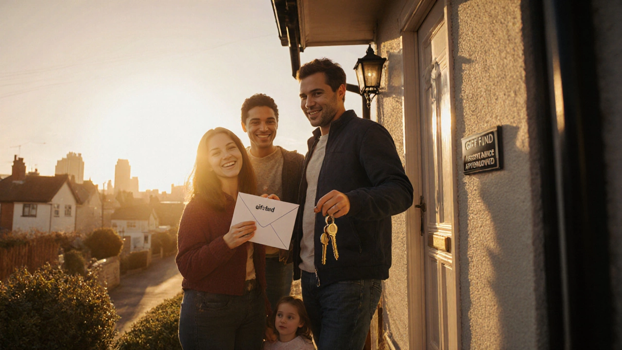 Happy family holds house keys on front steps of a UK home under golden sunlight.