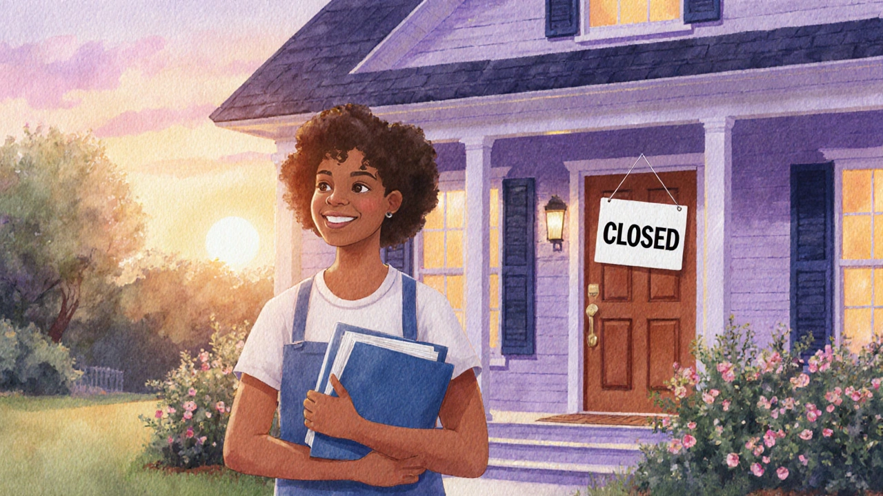 Homebuyer standing in front of a new house at sunrise holding a folder.