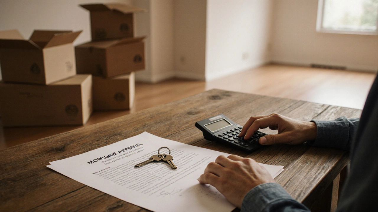 Homeowner with keys, mortgage letter and moving boxes inside a new house.