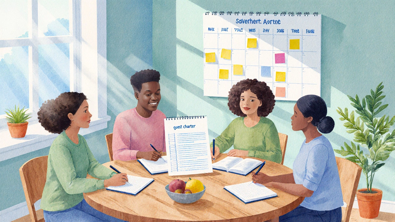 House‑mate meeting with calendar and sticky notes in a bright kitchen.
