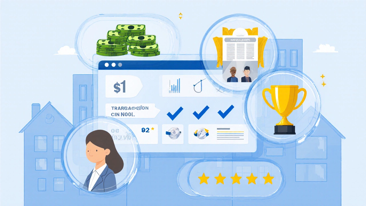 Illustration of icons representing sales volume, transactions, awards, media, and reviews.