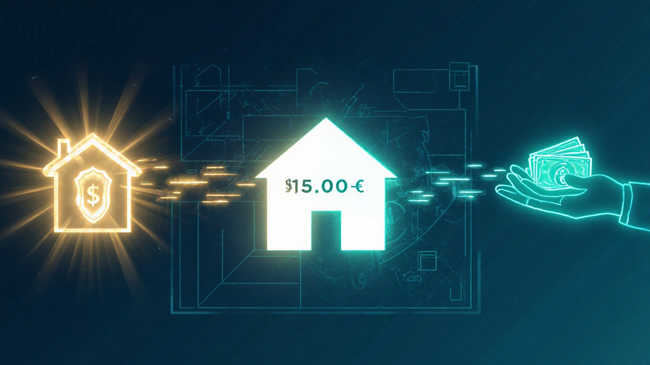 Illustration of mortgage loan and down‑payment assistance flowing toward a new home.