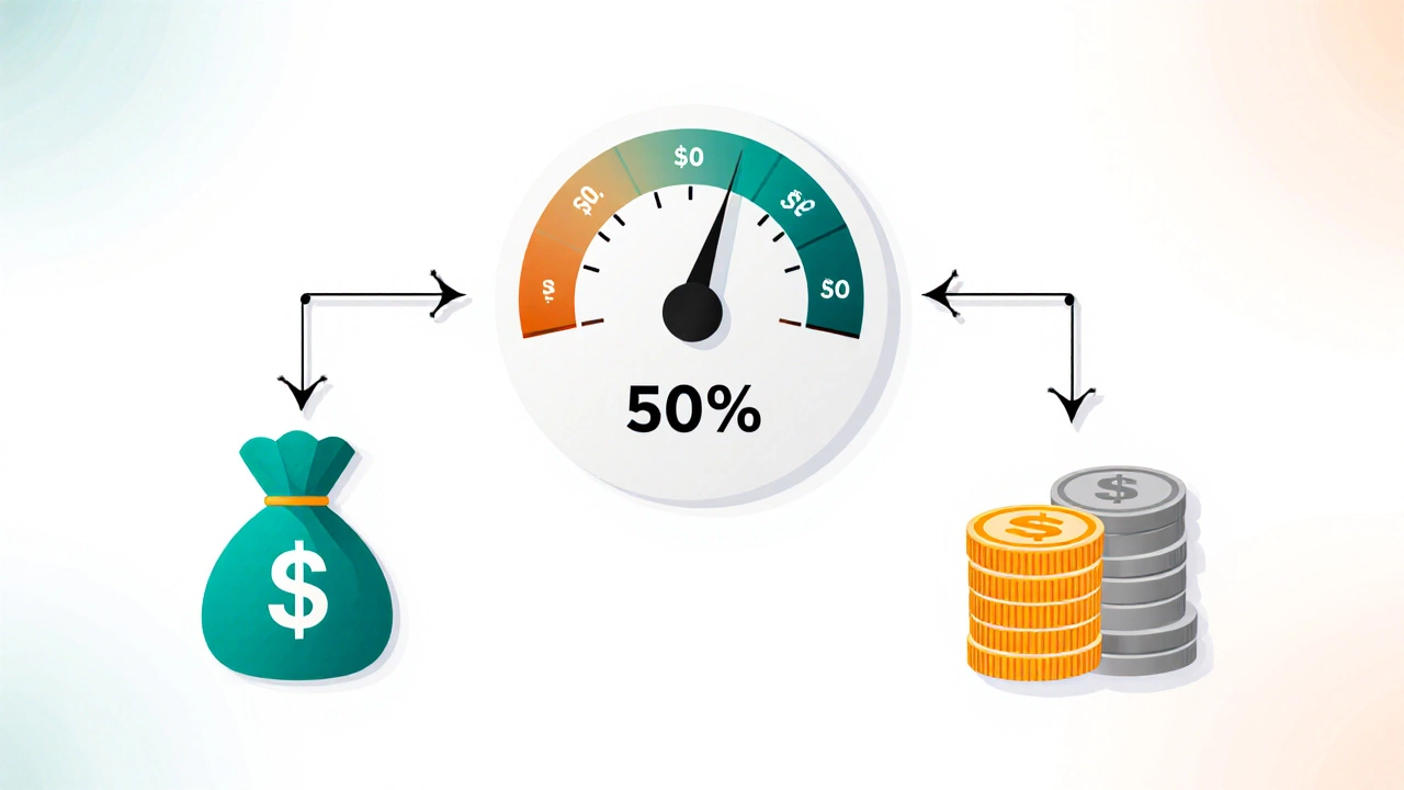 Illustration of rent, 50% expense icon, and cash flow arrows.