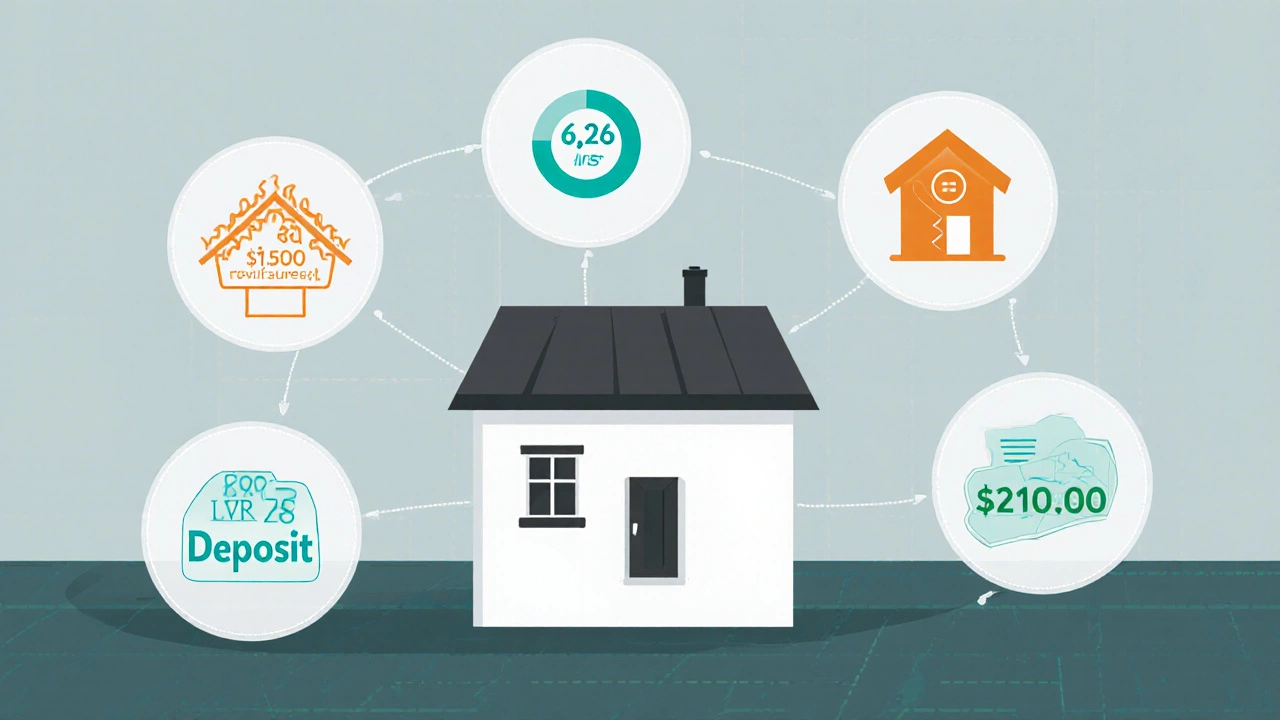 Illustration showing financial icons like mortgage payment and interest rate orbiting a house model.