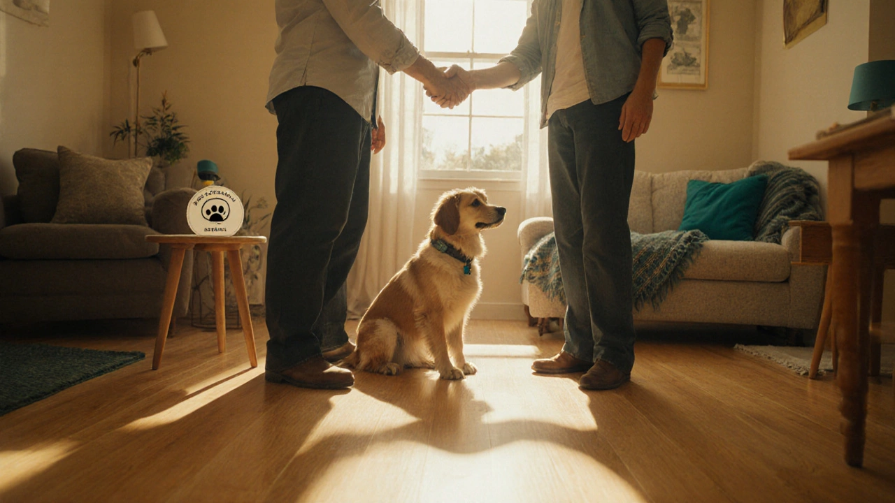 Landlord and tenant shake hands in a bright room while a dog sits peacefully.