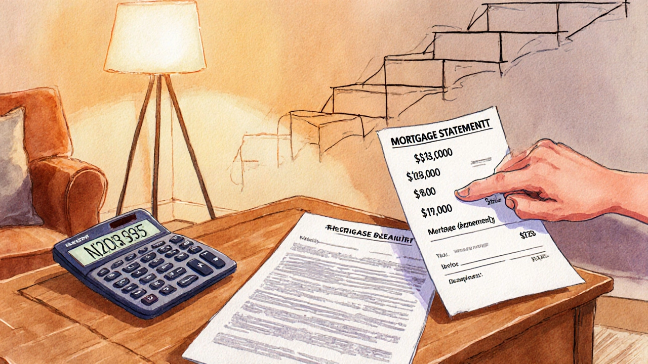 Living room table with calculator and mortgage figures displayed.
