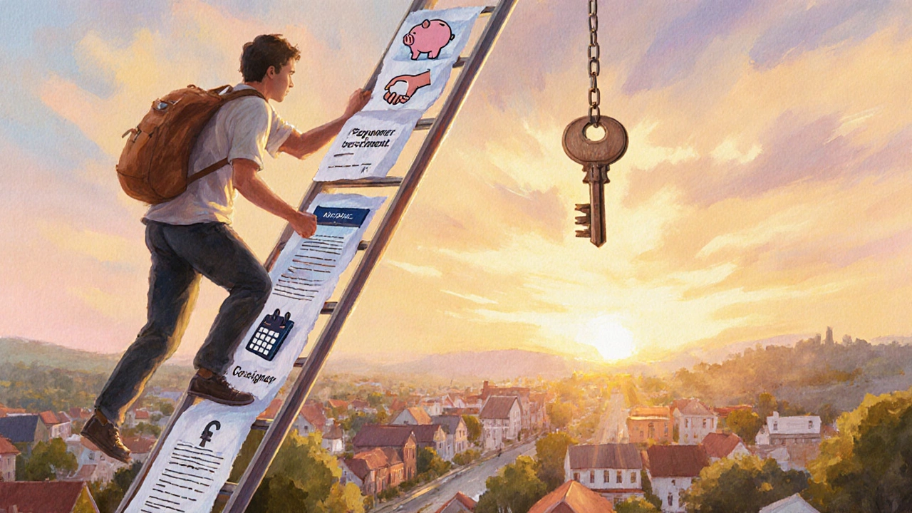 Person climbing a ladder of credit‑related icons toward a key hanging over a Virginia town skyline.
