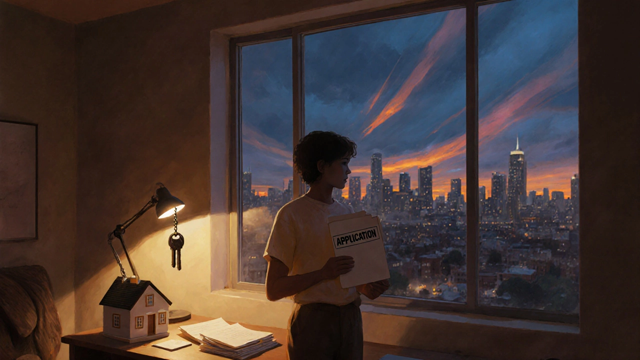 Person with application folder and house model looking out at a dusk city skyline.