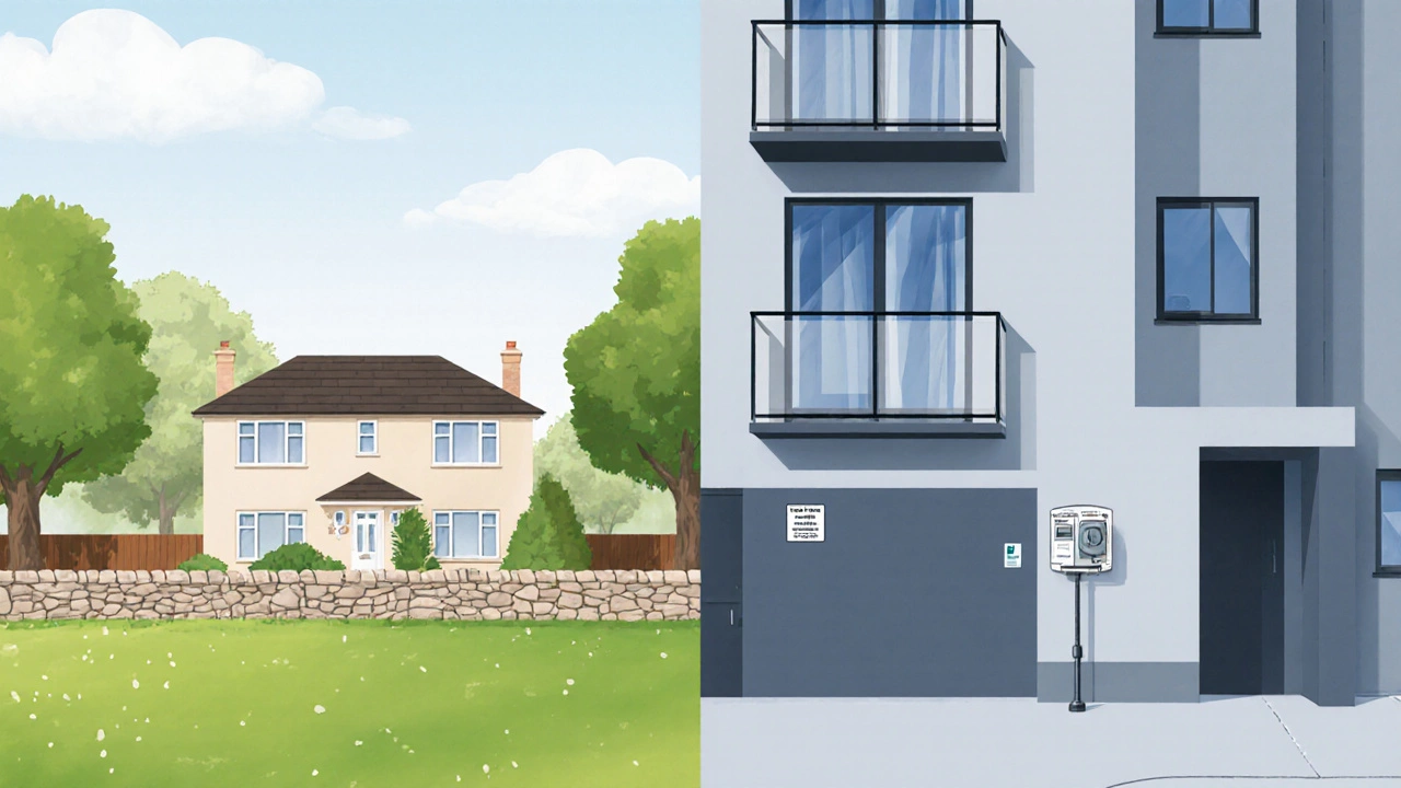 Side‑by‑side view of a freehold house and a leasehold apartment building.