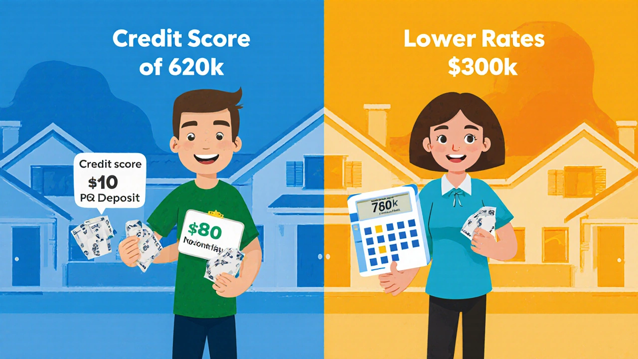 Split-screen illustration comparing high and low credit scores and their impact on homebuying costs.