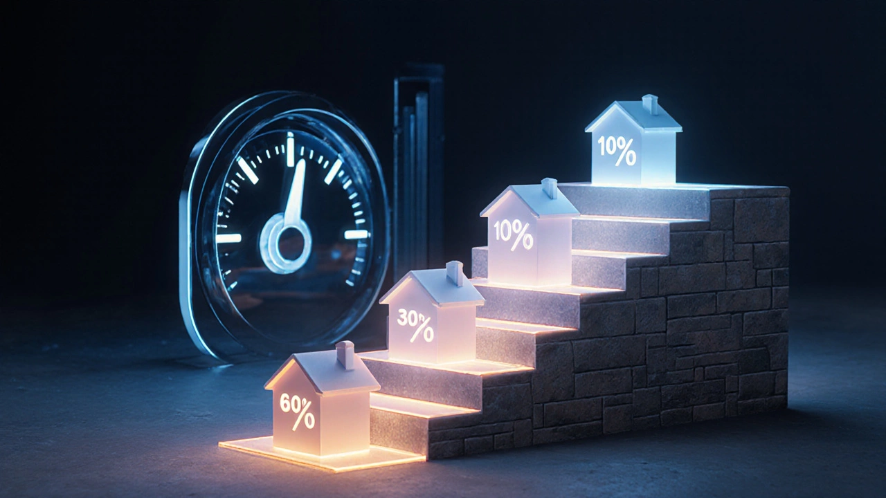 Staircase of house icons ascending with percentage markers, rising gauge indicating service charge increase.