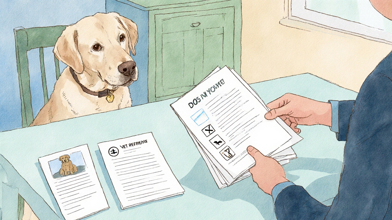 Tenant presents a pet résumé folder to landlord with a calm dog nearby.