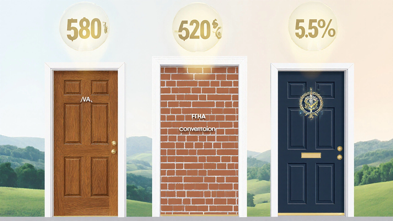 Three doors representing VA, conventional, and FHA loans with glowing score numbers above.