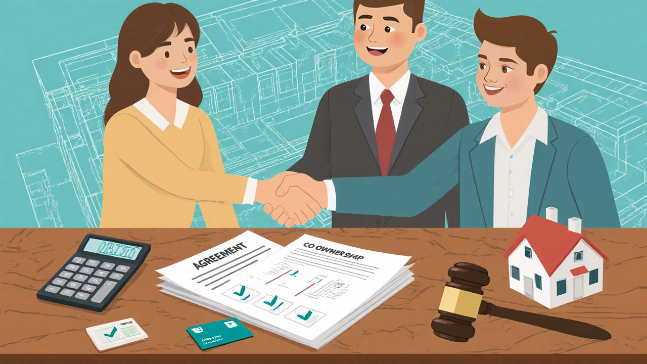 Two adults shaking hands over a co‑ownership agreement with safeguard icons on the table.