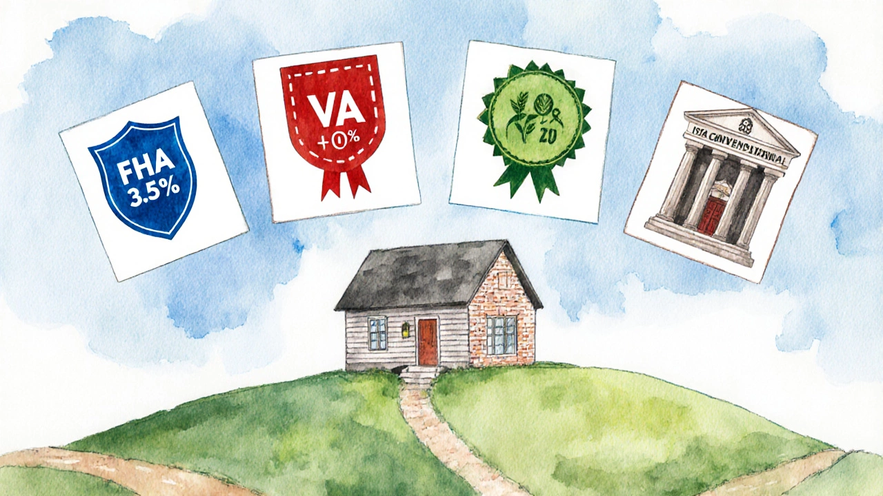 Watercolor collage shows FHA, VA, USDA, and conventional loan symbols with percentage cues.