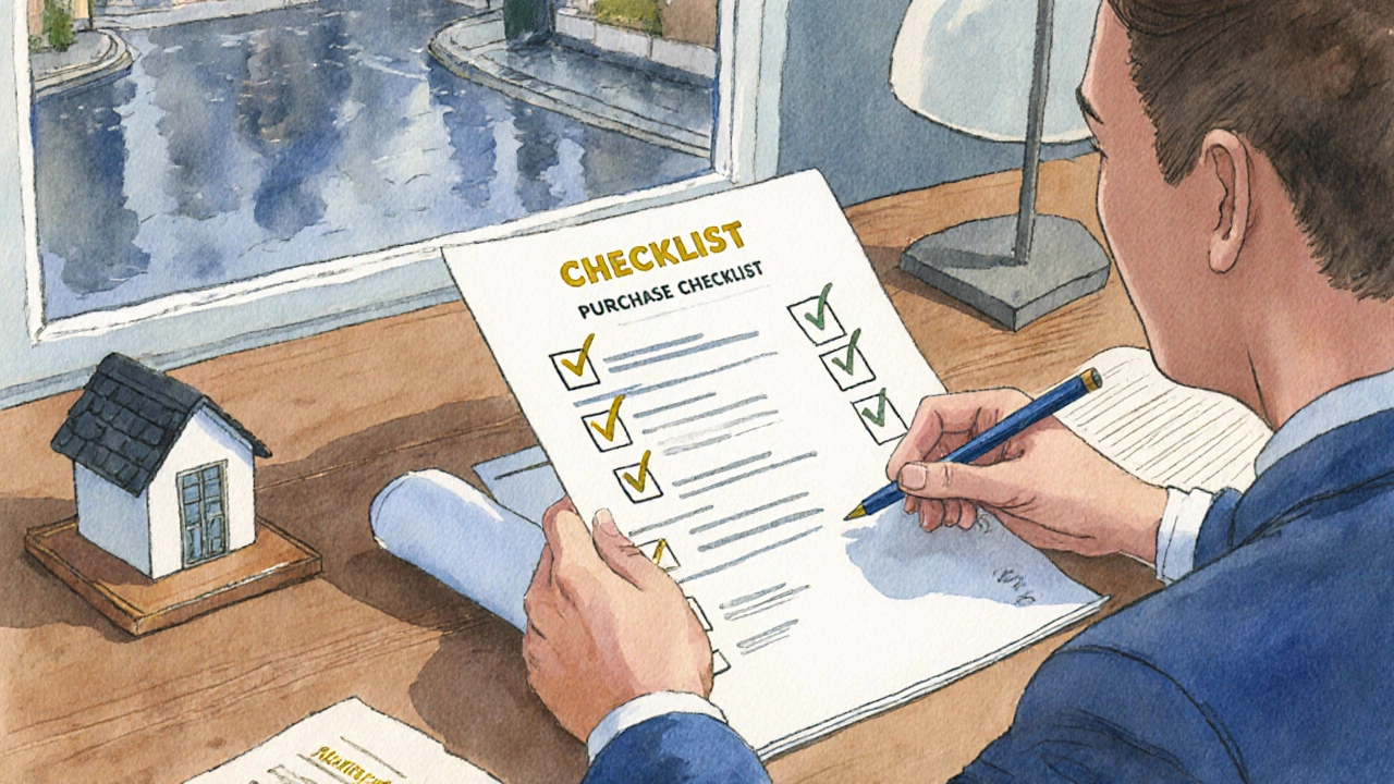 Watercolor of landlord checking a property purchase list at a desk.