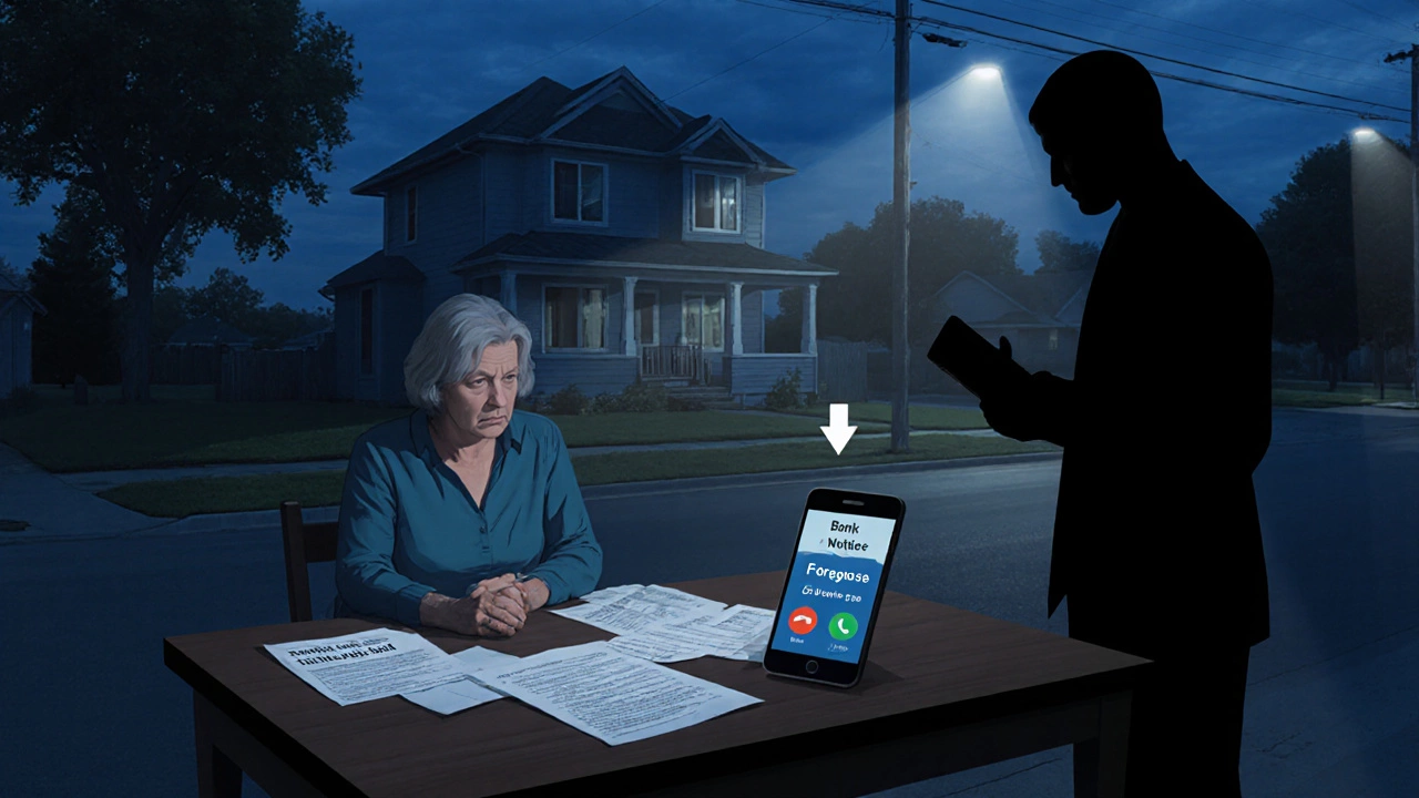 Woman at table with mortgage papers and foreclosure notice, indicating financial risk.