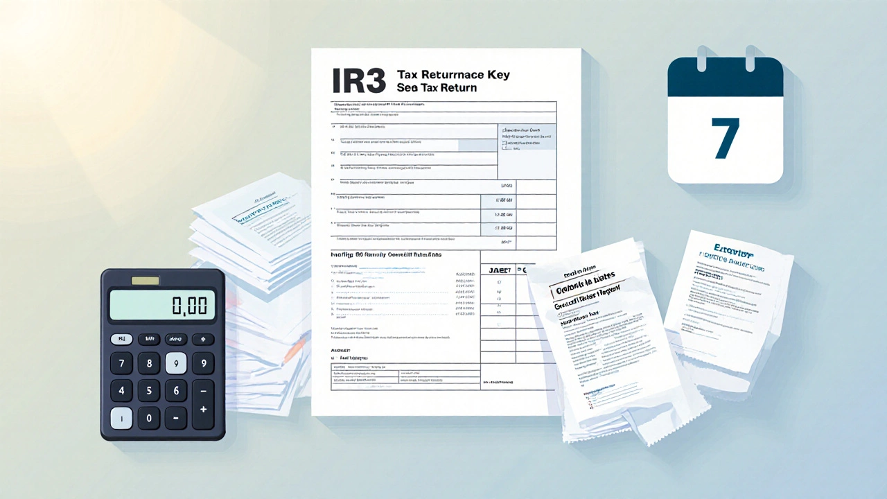 Workspace with tax form, calculator, receipts and calendar highlighting July 7.