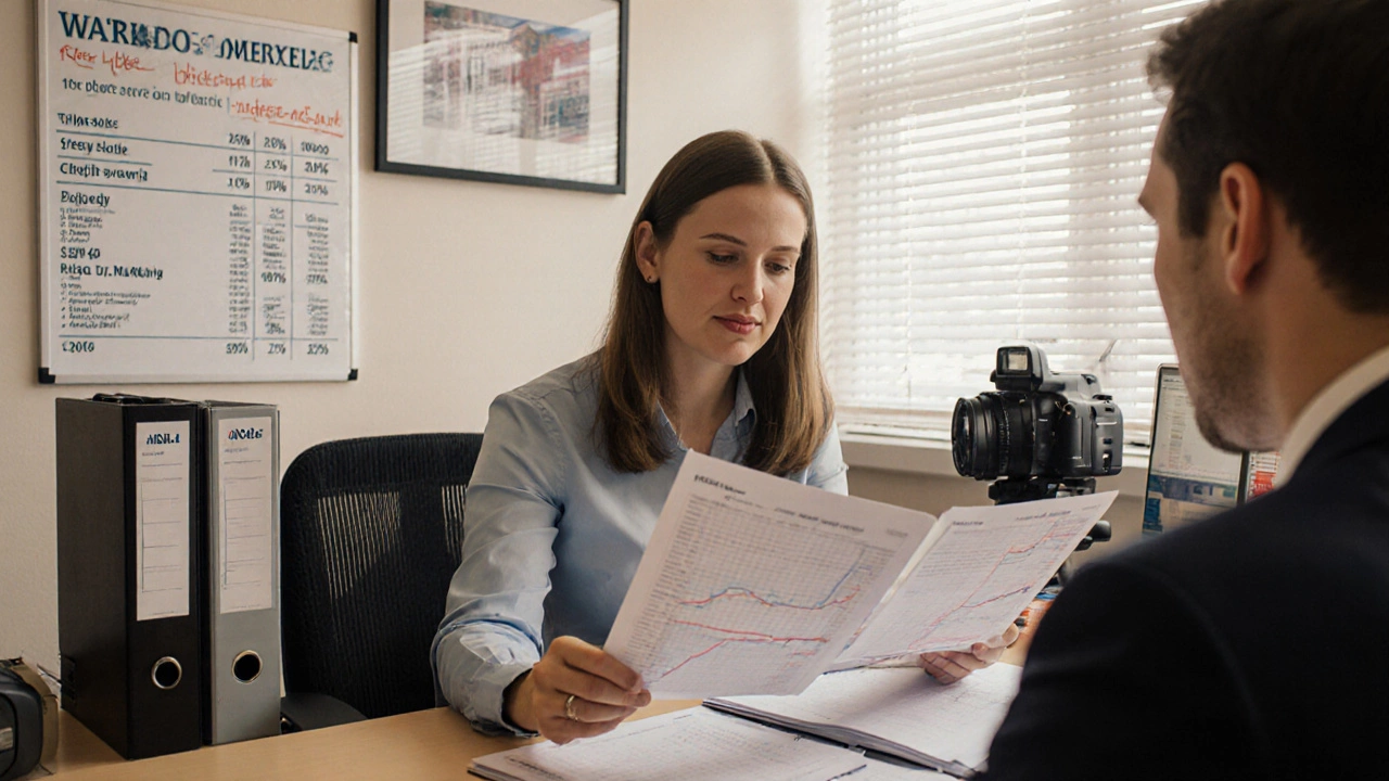 Agent reviewing sales reports with client in office filled with local property binders