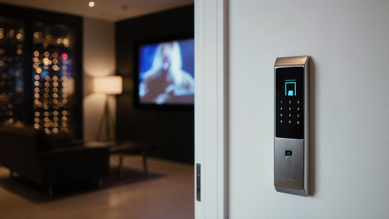Biometric door scanner beside a luxury residence entrance, symbolizing privacy and security.
