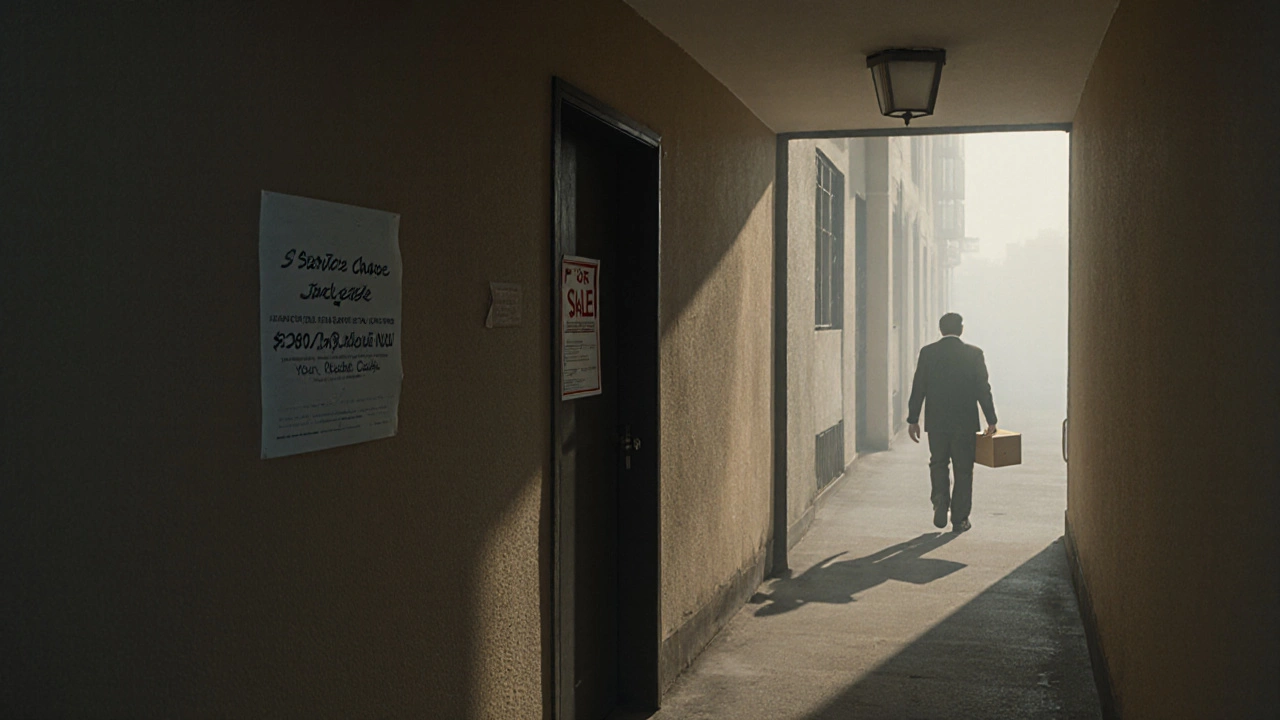 Empty hallway with a &#039;For Sale&#039; sign inside and a person walking away under a streetlamp.