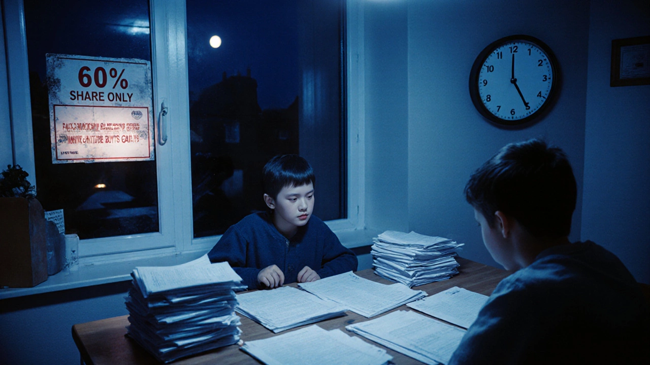 Family at kitchen table surrounded by mortgage and rent documents under late-night lighting.