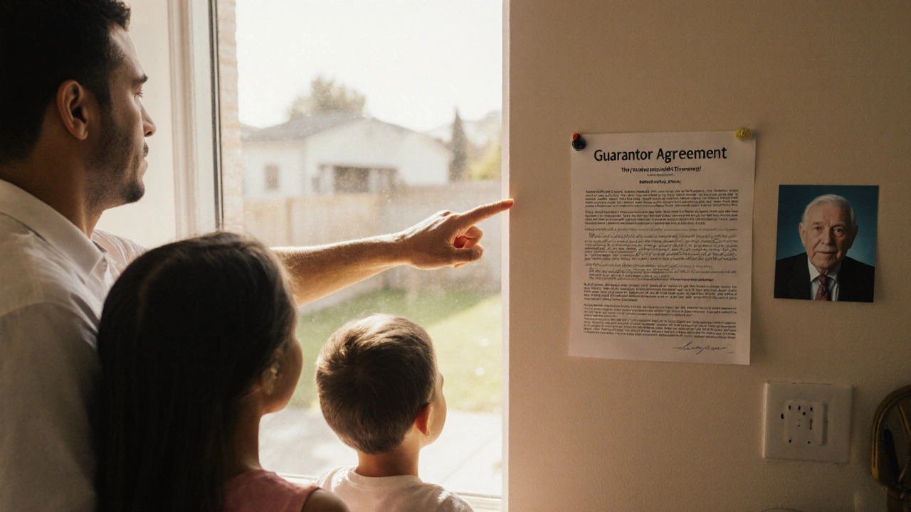 Family in new home looking out window, with guarantor agreement visible on wall.
