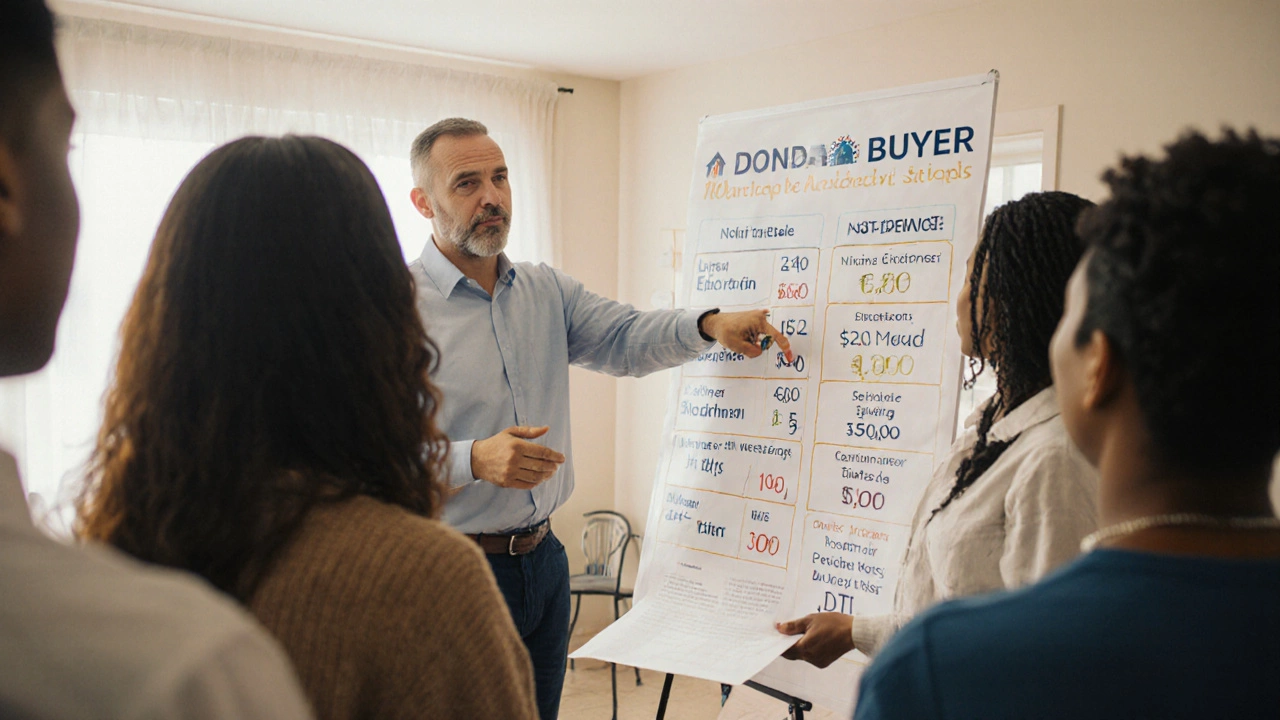 FHA counselor explaining loan requirements to first-time buyers in a community center.