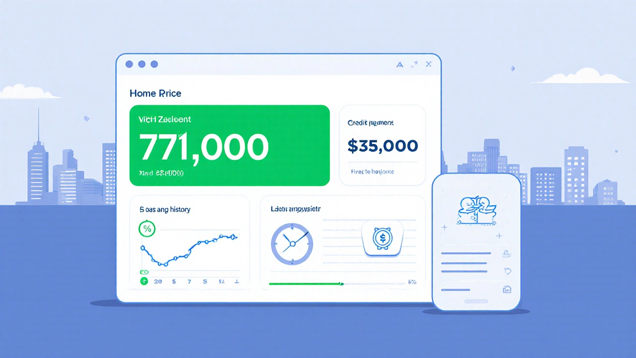 Financial dashboard showing 5% down payment for a 0,000 home with key requirements.