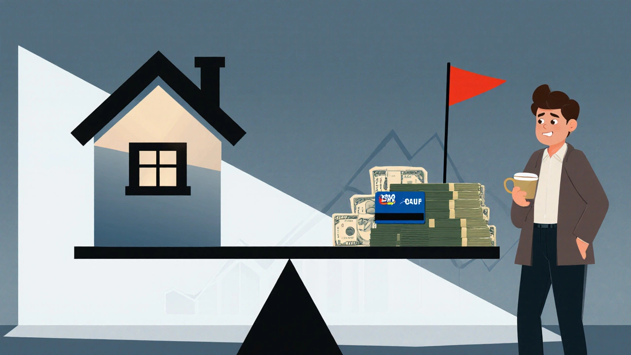 Financial scale balancing a house against income and debt, with a person watching nervously.