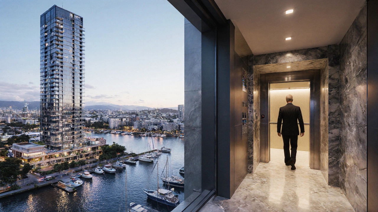 Modern luxury building with private elevator access and premium hallway finishes.