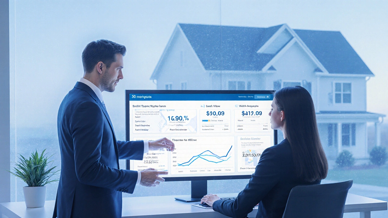Mortgage broker showing financial metrics to first-time buyer near a luxury home rendering.