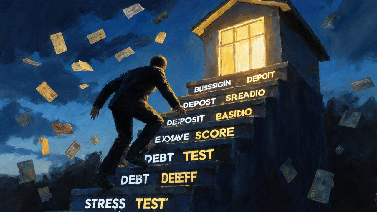 Person climbing a staircase of financial milestones toward a glowing house at the top.