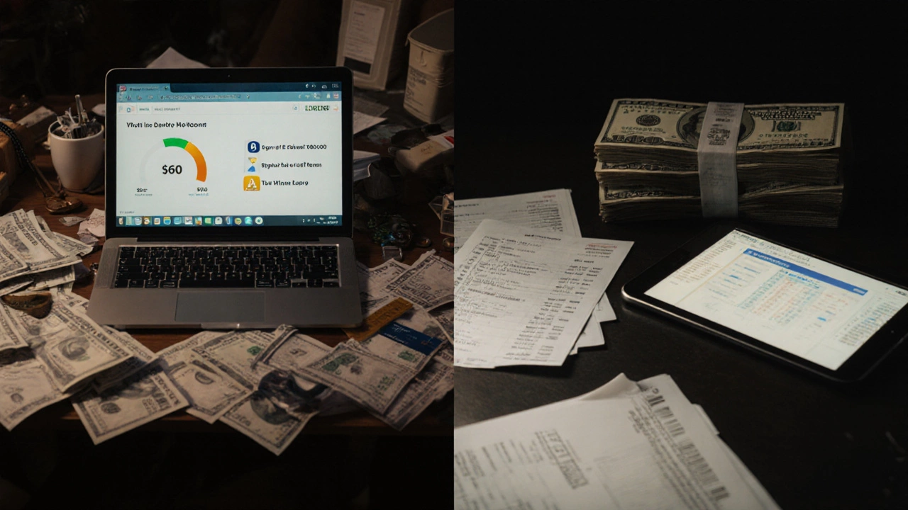 Split scene: financial disarray vs. organized preparation for a high-value home purchase.