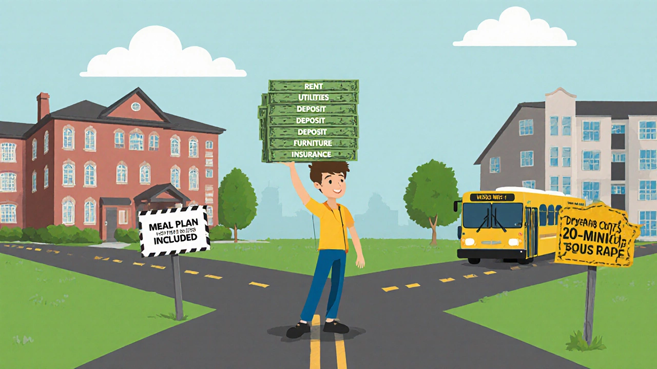 Student at a crossroads choosing between dorm and off-campus housing with expenses in hand.