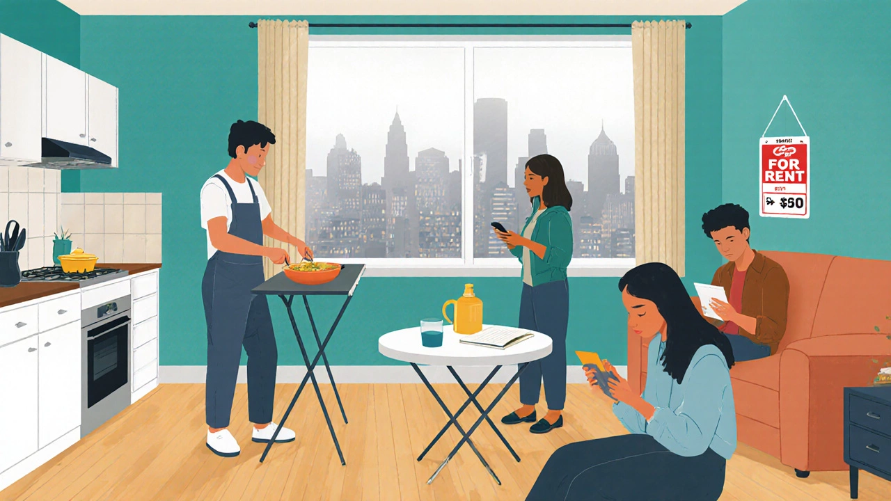 Three students sharing a small apartment in a city with a high rent sign outside.