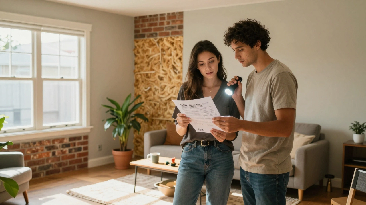 A couple inspecting a 1980s townhouse in East Auckland with a building report and flashlight.