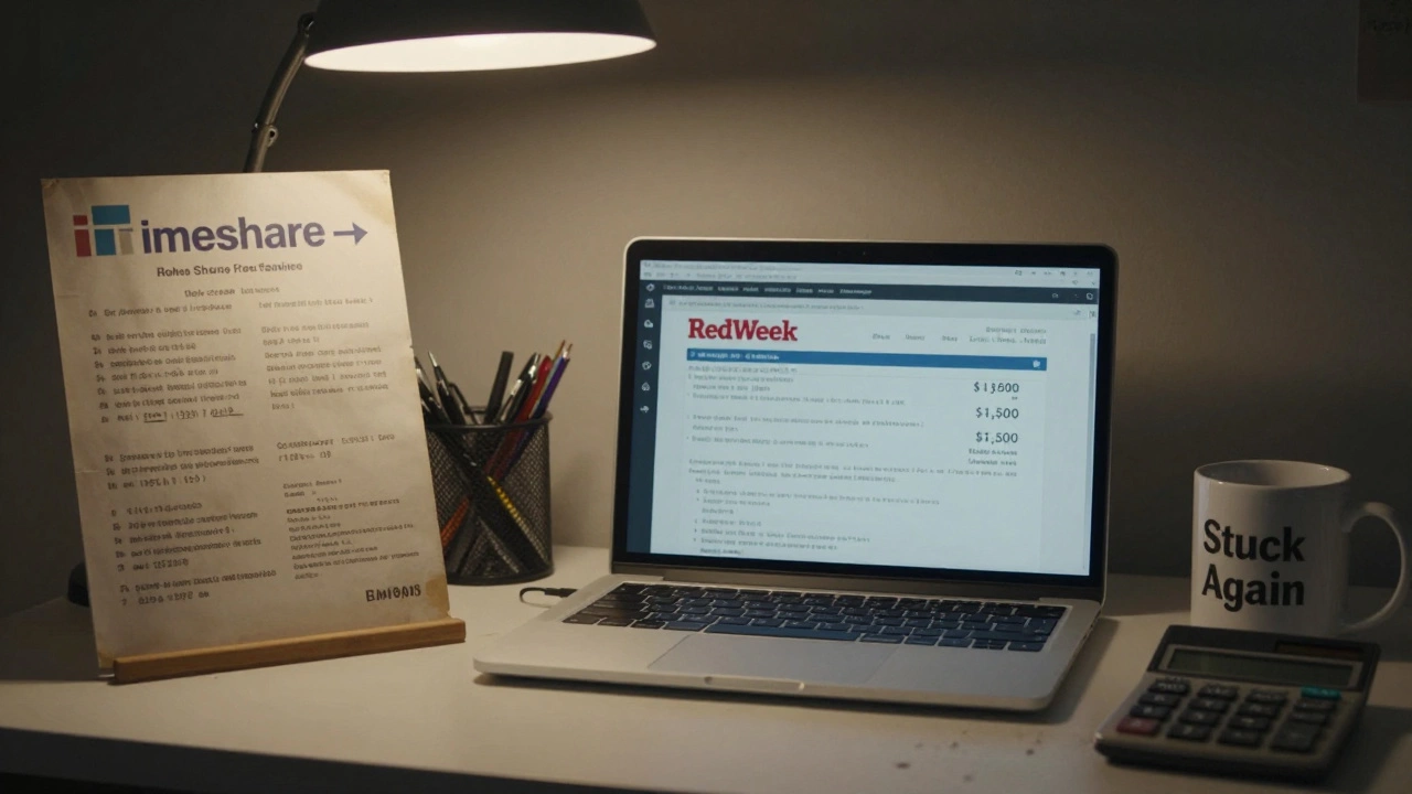 A desk with an old timeshare brochure, laptop showing a resale listing, and fee calculations.